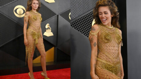 Miley Cyrus a purtat o rochie făcută doar din ace de siguranță din aur